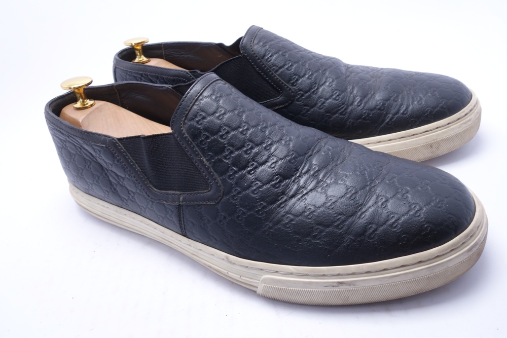 Gucci Shoes Mens Size 9 Black Leather Slip On GG Logo Casual Sneakers Italy